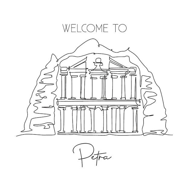 Un disegno a linea singola del vecchio tempio di al khazneh petra.