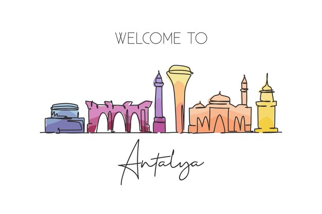 One single line drawing Antalya city skyline Turkey World historical town landscape design vector