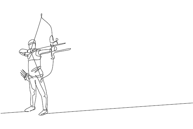 One single line drawing archer man focus exercising archery to hit the target vector illustration