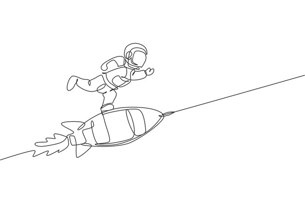 One single line drawing astronaut in spacesuit floating deep space while standing rocket spaceship