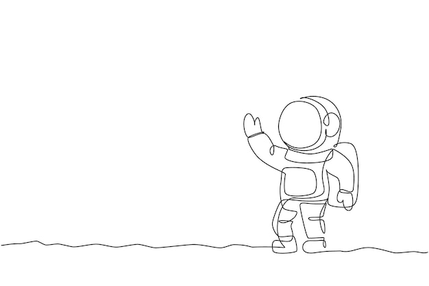 Vector one single line drawing of astronaut in spacesuit flying at outer space vector adventure galactic