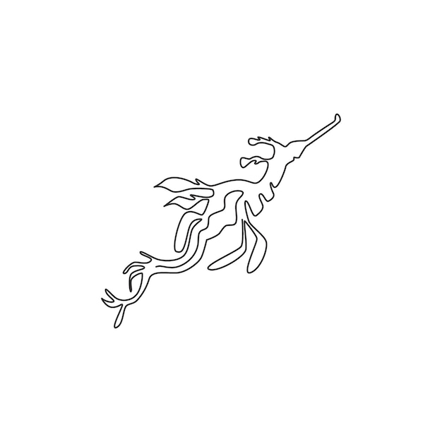 One single line drawing of beautiful leafy seadragon Sea monster mascot design vector illustration