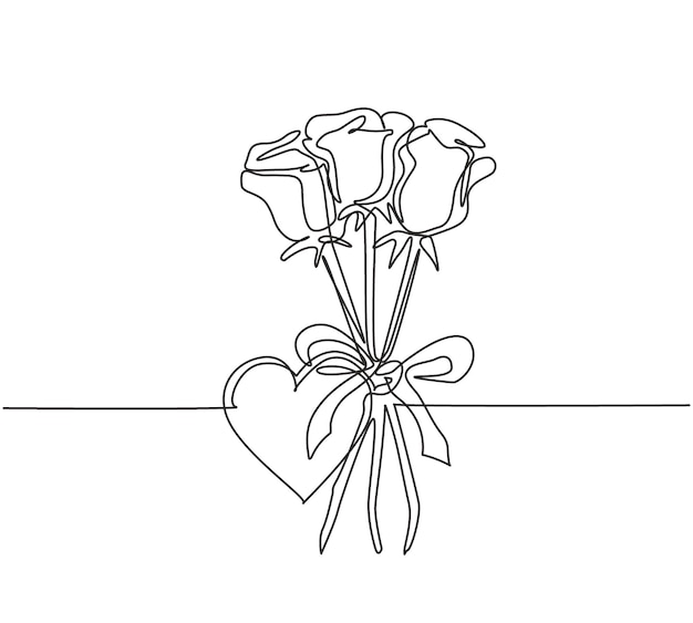 ベクトル 1 本の線で美しいバラの花の花束をハート形のグリーティング カード デザインのベクトルを描画