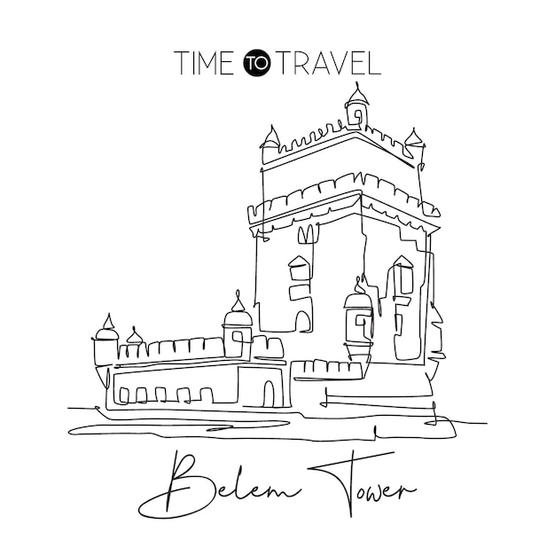 Vector one single line drawing belem tower landmark famous iconic place in lisbon portugal design vector