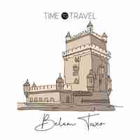 Vector one single line drawing belem tower landmark famous iconic place in lisbon portugal design vector