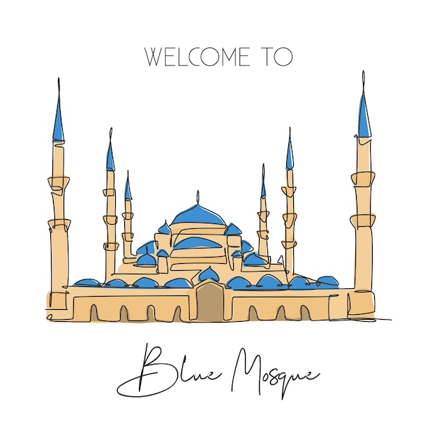 Vector one single line drawing blue mosque famous place in istanbul turkey decor wall art design vector