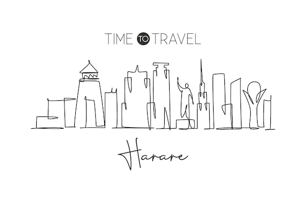 One single line drawing of city Harare skyline Zimbabwe Historical place landscape design vector