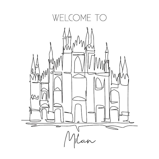 One single line drawing Duomo di Milano. Famous Milan Italy tourism home wall decor design vector