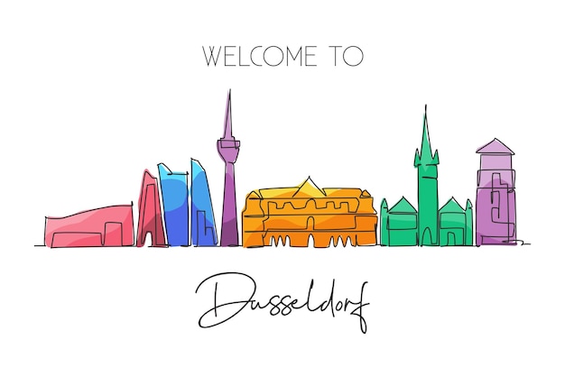 One single line drawing Dusseldorf city skyline Germany Historical skyscraper landscape in world