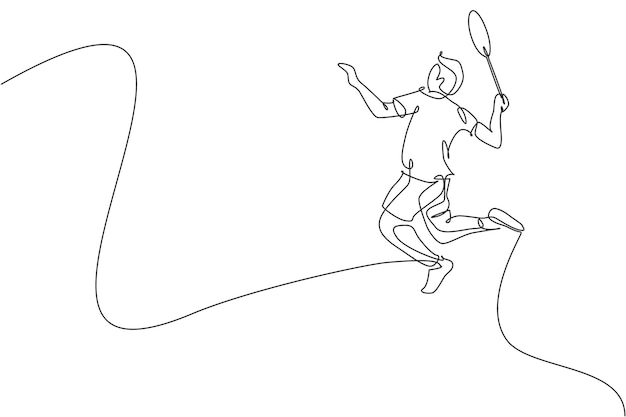 에너지 넘치는 배드민턴 선수가 점프하는 단선 그림 스매시 셔틀 터 스포츠 디자인
