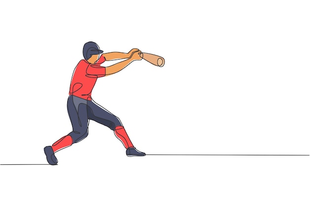 Una linea singola che disegna un giocatore di baseball energico che pratica per colpire la palla vettore design sportivo