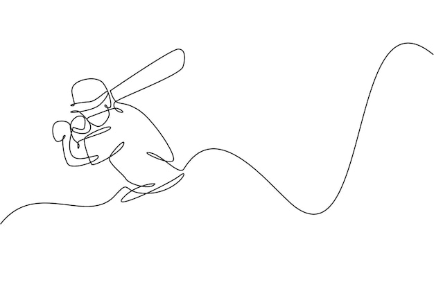 Один рисунок на одной линии энергичного игрока в крикет, который тренируется, чтобы размахивать битой в корте.