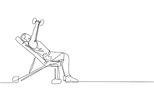 ジム・フィットネス・センターのイラストでベンチプレスでエネルギッシュな男の運動を描いた1行の絵