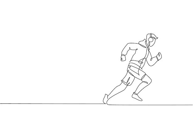 エネルギッシュな男性ランナーの 1 本の線画は、音楽ベクトル スポーツ デザインを聴きながらリラックスして実行します。