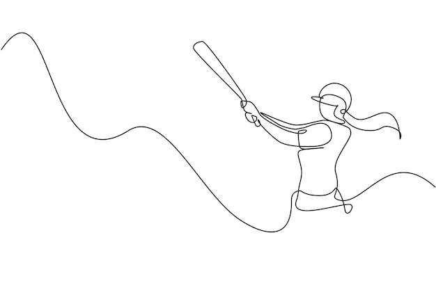 ボールベクトルを打つエネルギッシュな女性野球選手の1行の絵 スポーツデザイン