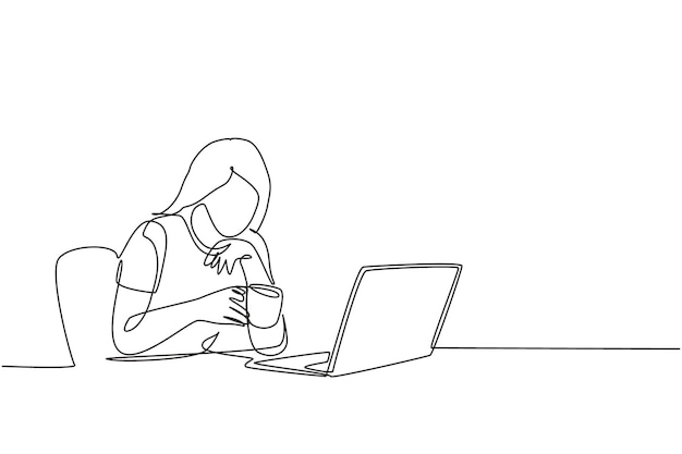 One single line drawing female employee staring at laptop and thinking business innovation vector