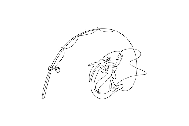 One single line drawing fisherman club and fishing lover competition logo icon symbol vector design