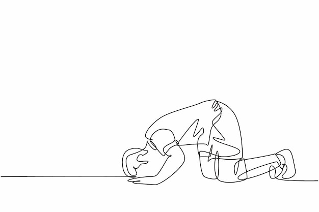 One single line drawing football player celebrates his goal with sujud of gratitude gesture at field