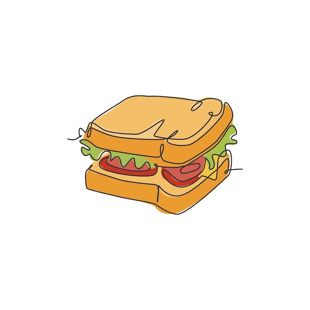 Vector one single line drawing of fresh sandwich logo vector graphic art illustration sandwich street food