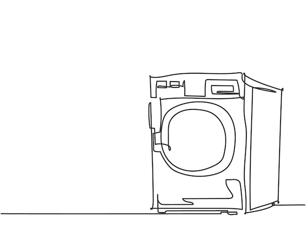 One single line drawing of front door washing machine home appliance electricity laundromat vector