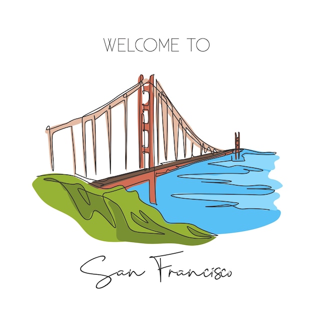 One single line drawing Golden Gate Bridge Iconic San Francisco tourism travel wall design vector