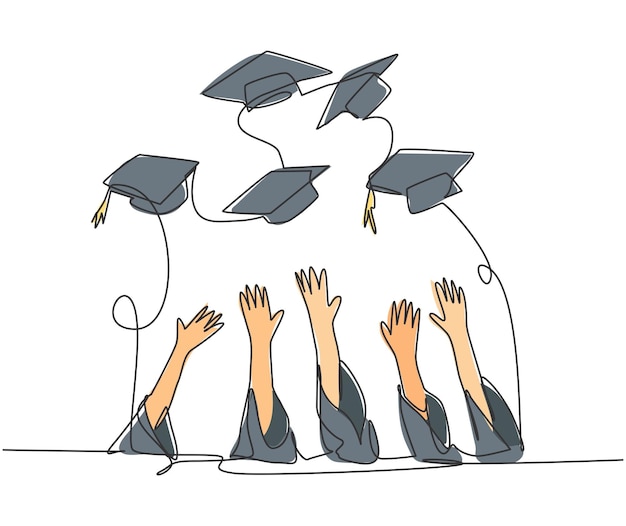 One single line drawing group college student throw their cap to the air to celebrate design vector