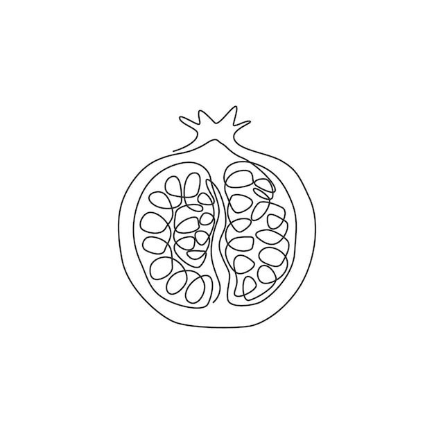 One single line drawing of half sliced healthy organic pomegranate for orchard logo identity