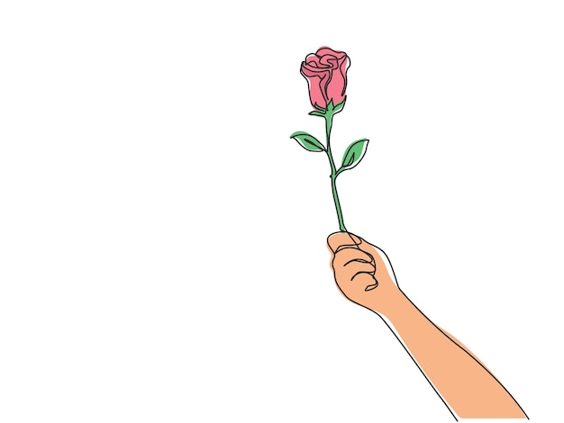 One single line drawing of hand holding fresh romantic beautiful rose flower dynamic design vector