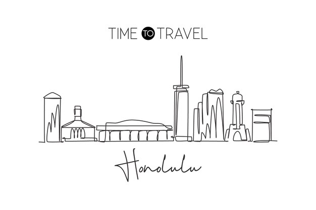 One single line drawing Honolulu skyline Hawaii Historical landscape in the world design vector