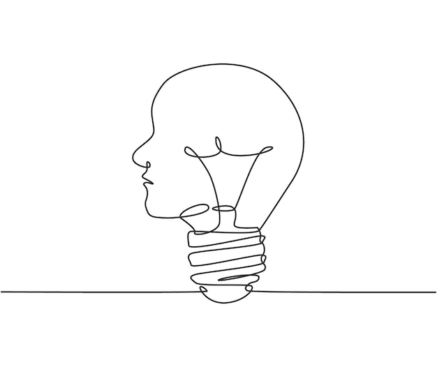 Одна линия рисунка логотипа лампочки на голове человека. Иконка логотипа психологического интеллекта.