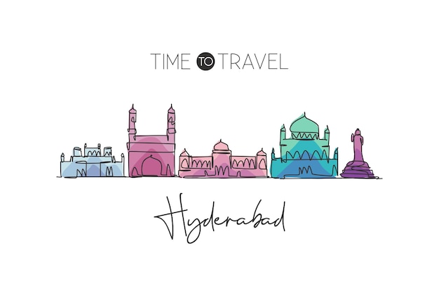 One single line drawing Hyderabad skyline India Historical landscape world design graphic vector