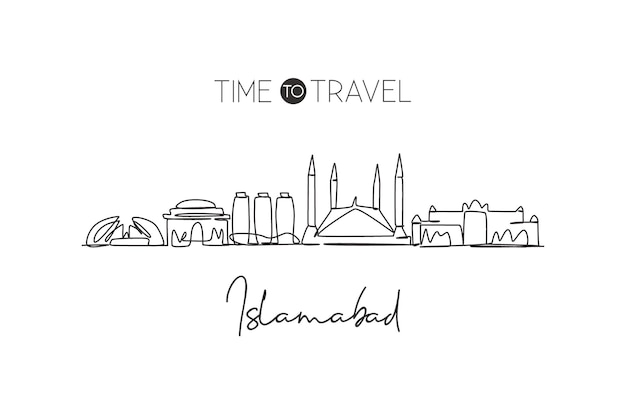 Vector one single line drawing of islamabad city skyline pakistan historical town landscape design vector