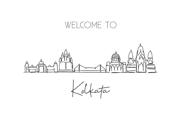 One single line drawing of Kolkata skyline India Historical landscape in the world design vector