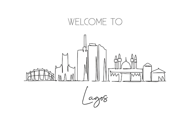 Один линейный рисунок горизонта города Лагоса Нигерия Исторический город ландшафтный дизайн вектор
