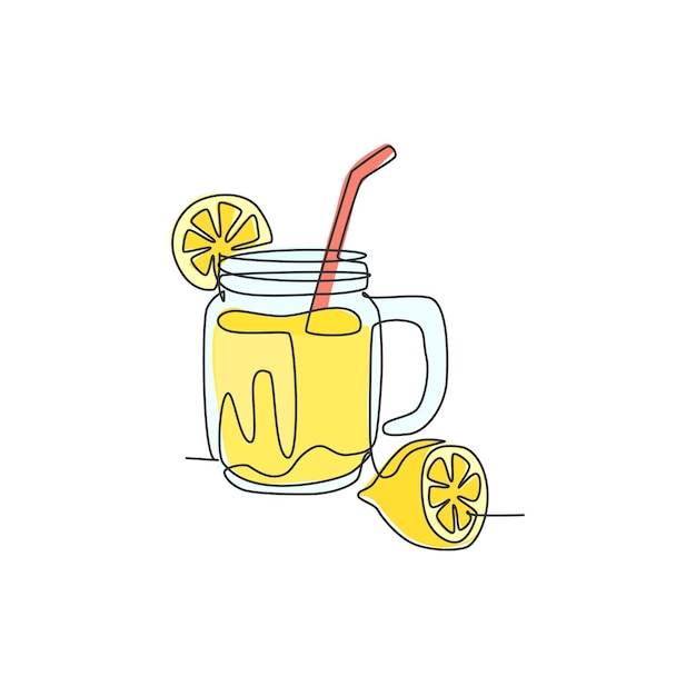 Un disegno a linea singola di ghiaccio di limonata su un barattolo di vetro con un'illustrazione grafica vettoriale di limone a fette