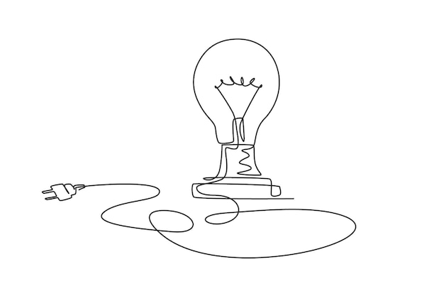 長いワイヤーで床に電球を描いた 1 本の線画 ガラス電球からのインスピレーションのアイデア