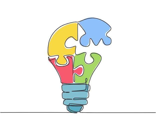 one single line drawing light bulb with pieces of puzzles forming logo teamwork icon design vector