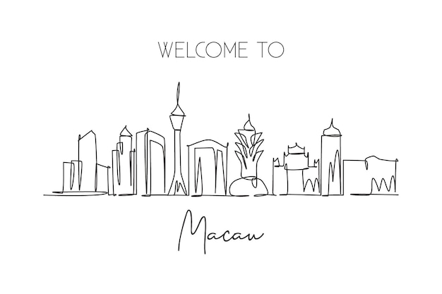 Vector one single line drawing macau skyline china historical landscape in the world design graphic vector