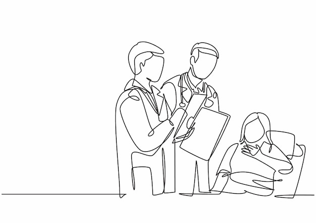 One single line drawing of male doctor showing health report to old lady patient who laying at bed