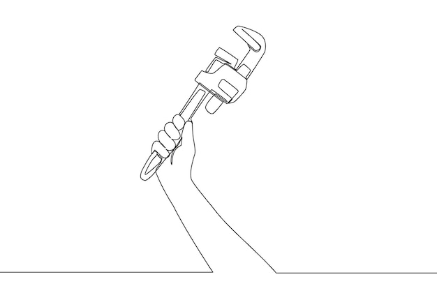 One single line drawing of man holding stainless steel pipe wrench Handyman equipment tool concept