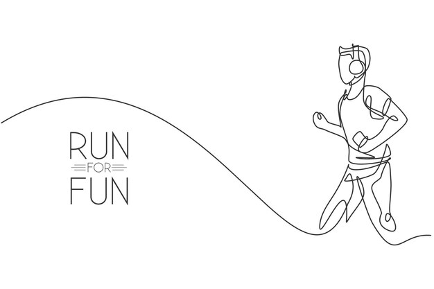 One single line drawing man runner run relax while listening music with smartphone vector Design