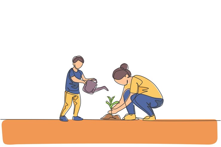 Vector one single line drawing mother teaching her son planting while kid watering a plant at garden vector