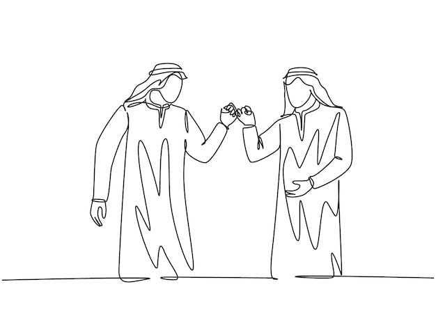 Vector one single line drawing of muslim workers fist bump their hands together design vector illustration