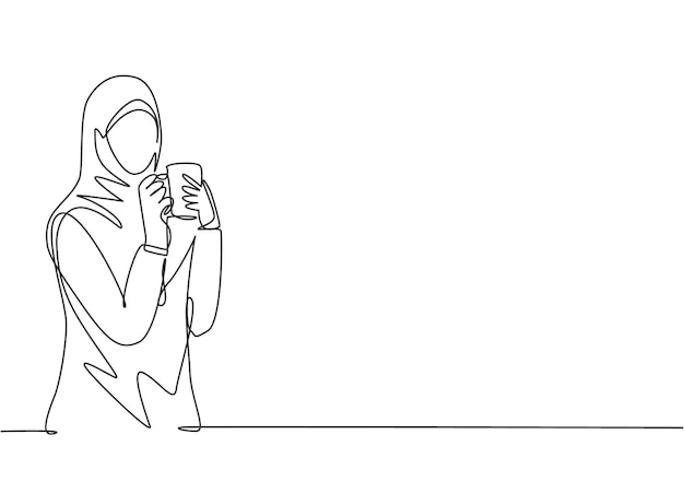 One single line drawing muslimah businesswoman thinking business ideas while office break vector