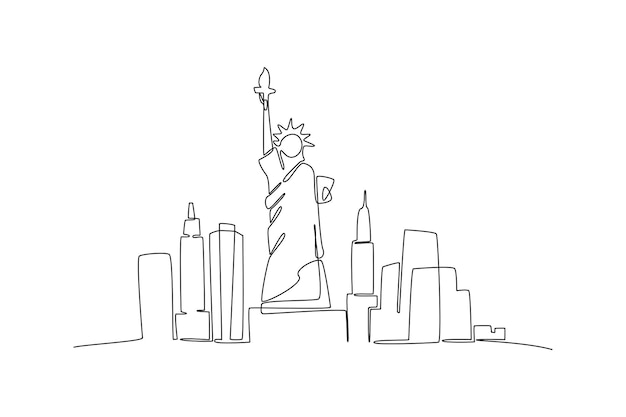 Vector one single line drawing new york city skyline united states historical town landscape in world best holiday destination poster editable stroke trendy continuous line draw design vector illustration