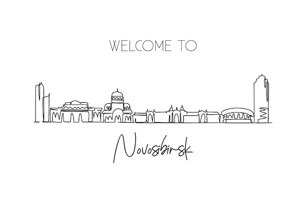 One single line drawing Novosibirsk city skyline Russia World historical town landscape vector art