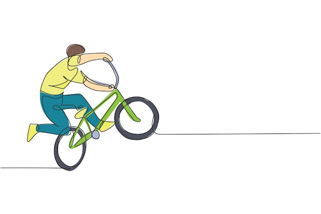 ベクトル ストリートベクター上でフリースタイルトリックを実行する若いbmx自転車ライダーの1本の線画