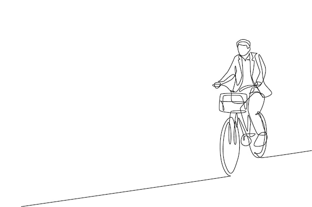 Одна линия рисунка молодого профессионального сотрудника стартапа, ездящего на велосипеде, векторная иллюстрация