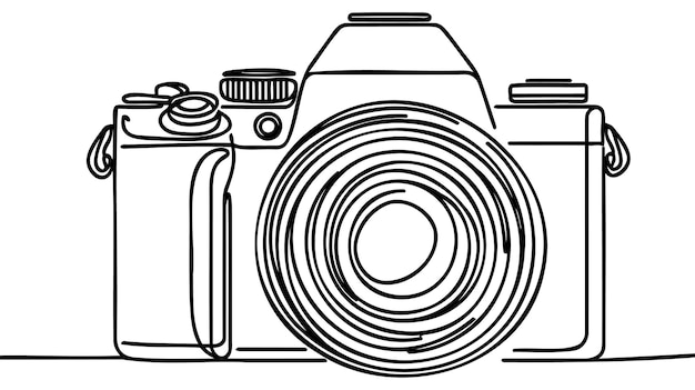 Vettore un disegno a linea singola della vecchia fotocamera reflex analogica retrò con teleobiettivo