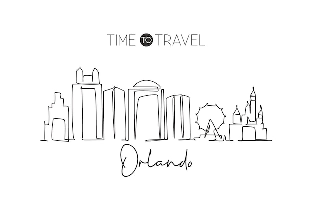 Un disegno a linea singola dello skyline della città di orlando in florida paesaggio storico della città nel mondo